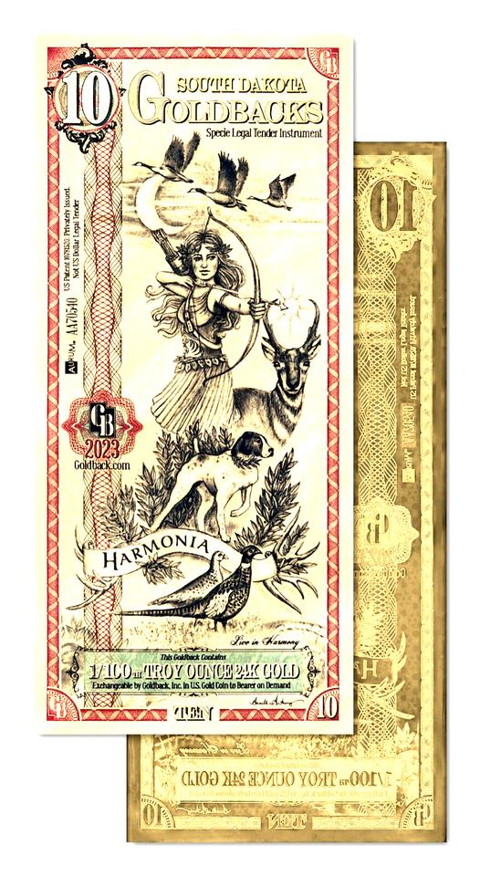 10 SOUTH DAKOTA GOLDBACK AURUM 24KT GOLD FOIL NOTE BU 1/100TH OZ .999 FINE GOLD