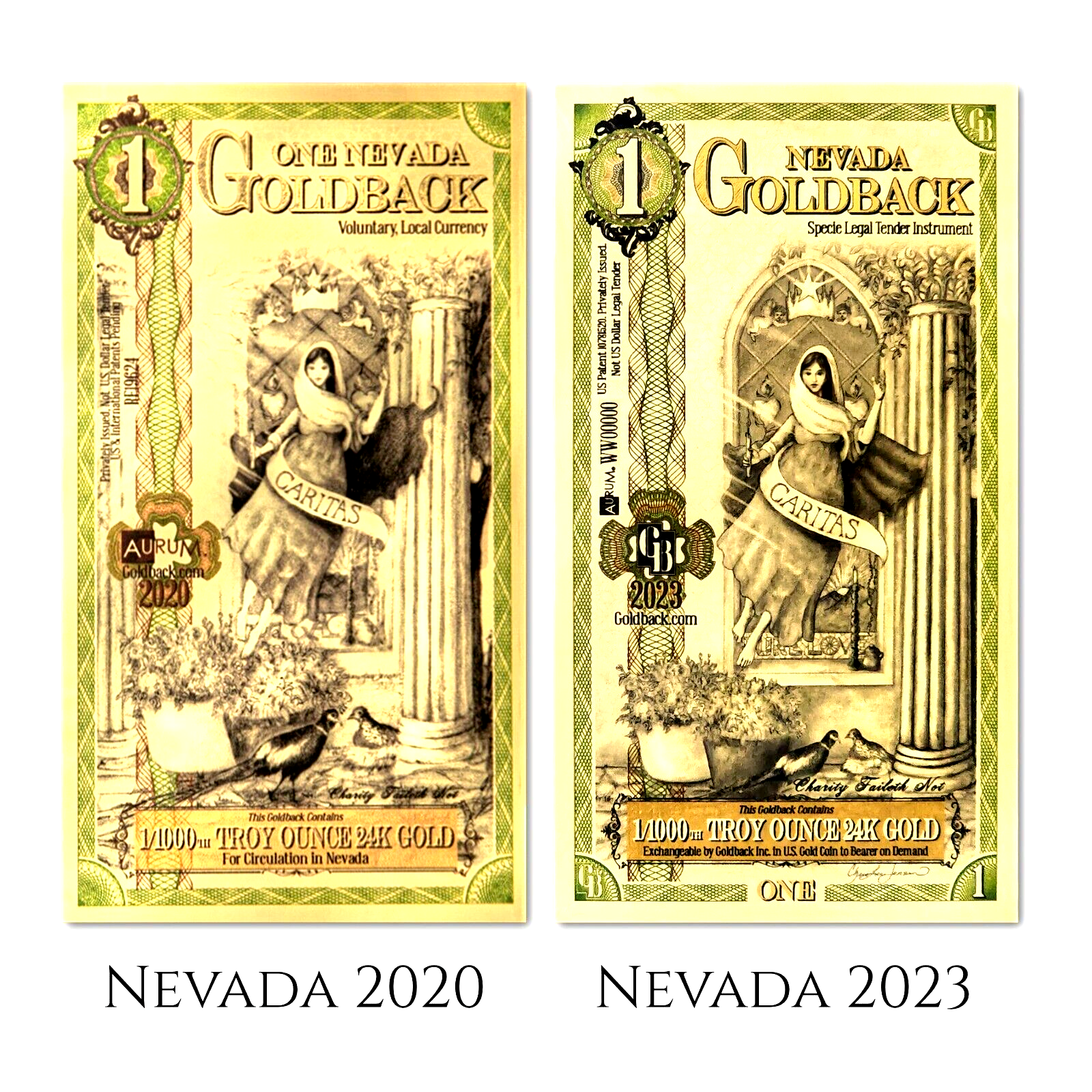 LOT 2 X 1 NEVADA GOLDBACK AURUM 24KT GOLD FOIL NOTE BU 1/1000TH OZ .999 FINE GOLD