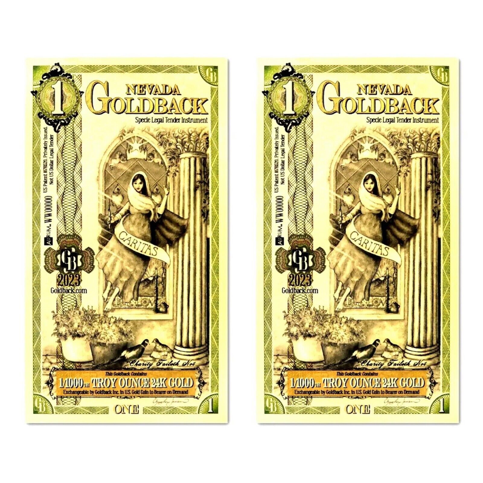 LOT 2 X 1 NEVADA GOLDBACK AURUM 24KT GOLD FOIL NOTE BU 1/1000TH OZ .999 FINE GOLD