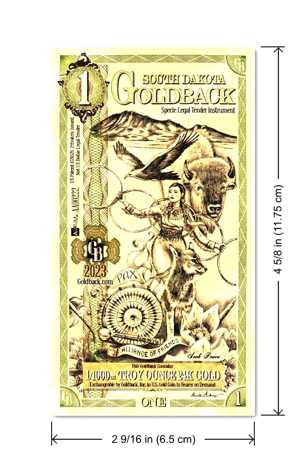 LOT 25 X 1 SOUTH DAKOTA GOLDBACK AURUM 24KT GOLD FOIL NOTE BU 1/1000TH OZ .999 FINE GOLD