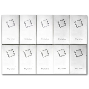 10 X 10 GRAMS .999 FINE SILVER VALCAMBI COMBIBAR BU FULL SHEET OF 10 GRAM BARS