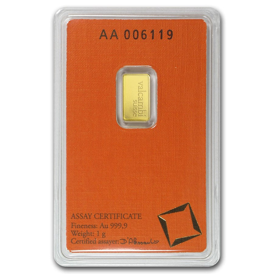 1 GRAM VALCAMBI SUISSE .9999 FINE GOLD BAR NEW WITH ASSAY