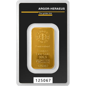 1 TROY OZ ARGOR HERAEUS .9999 FINE GOLD KINEBAR IN ASSAY CARD BU