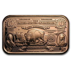 1 OZ .999 FINE COPPER 1899 $10 BISON BANKNOTE REPLICA BAR BU