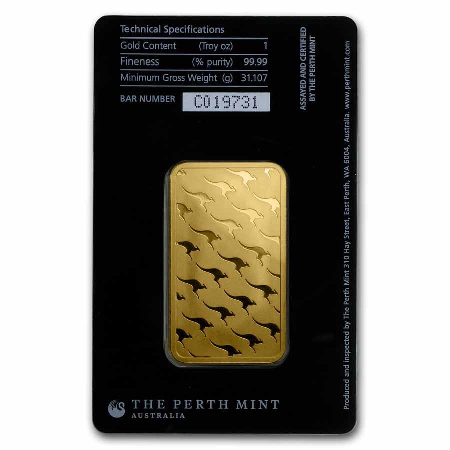 1 TROY OZ PERTH MINT .9999 FINE GOLD BAR IN ASSAY CARD BU