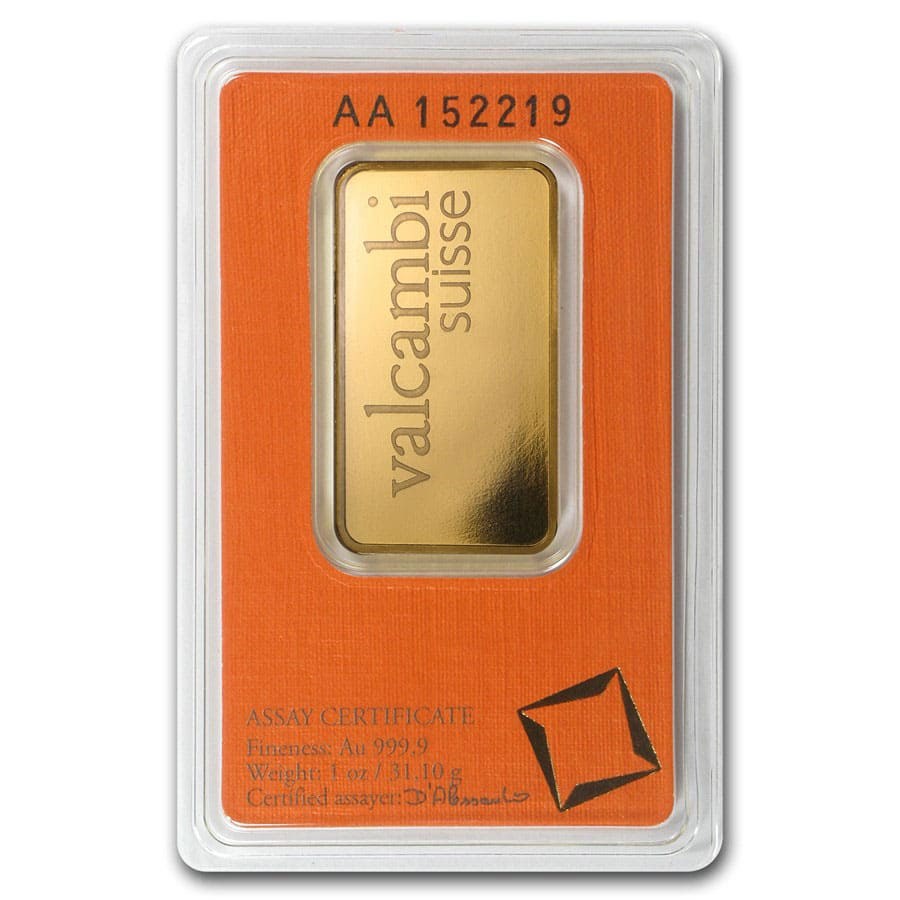 1 TROY OZ VALCAMBI SUISSE .9999 FINE GOLD BAR NEW WITH ASSAY