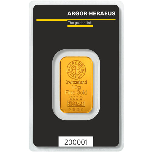 10 GRAM ARGOR HERAEUS .9999 FINE GOLD KINEBAR IN ASSAY CARD BU