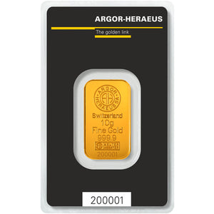 10 GRAM ARGOR HERAEUS .9999 FINE GOLD KINEBAR IN ASSAY CARD BU