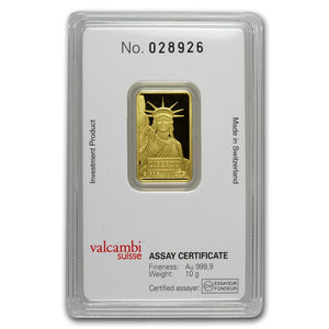 10 GRAM CREDIT SUISSE STATUE OF LIBERTY .9999 FINE GOLD BAR NEW WITH ASSAY