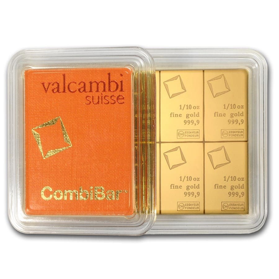 10 X 1/10 OZ .9999 FINE GOLD BARS VALCAMBI SUISSE COMBIBAR IN ASSAY