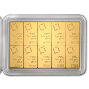 10 X 1/10 OZ .9999 FINE GOLD BARS VALCAMBI SUISSE COMBIBAR IN ASSAY