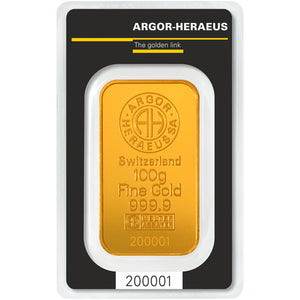 100 GRAM ARGOR HERAEUS .9999 FINE GOLD KINEBAR IN ASSAY CARD BU