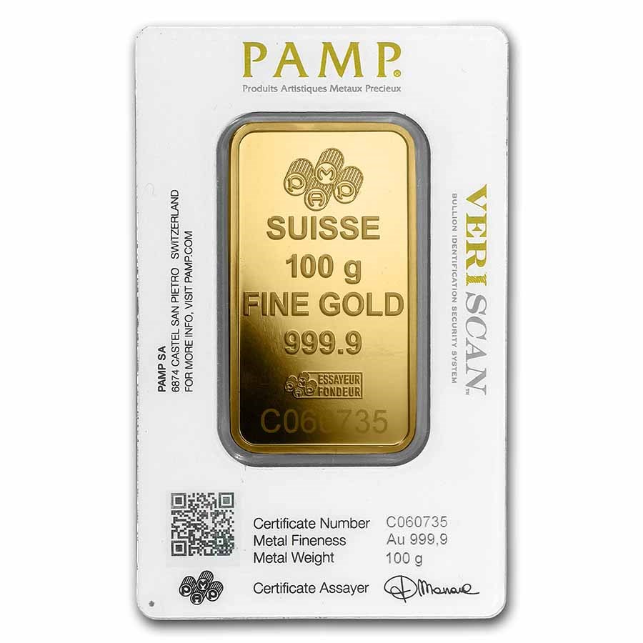 100 GRAM PAMP SUISSE LADY FORTUNA .9999 FINE GOLD BAR NEW WITH ASSAY