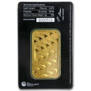 100 GRAM PERTH MINT .9999 FINE GOLD BAR IN ASSAY CARD BU