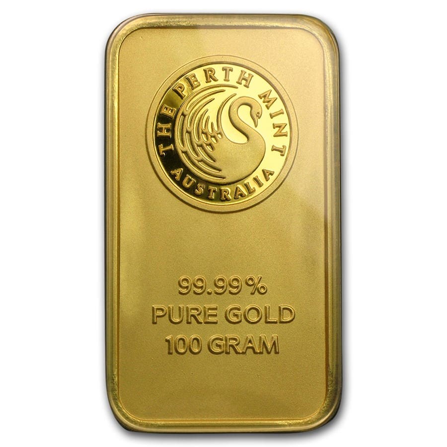 100 GRAM PERTH MINT .9999 FINE GOLD BAR IN ASSAY CARD BU