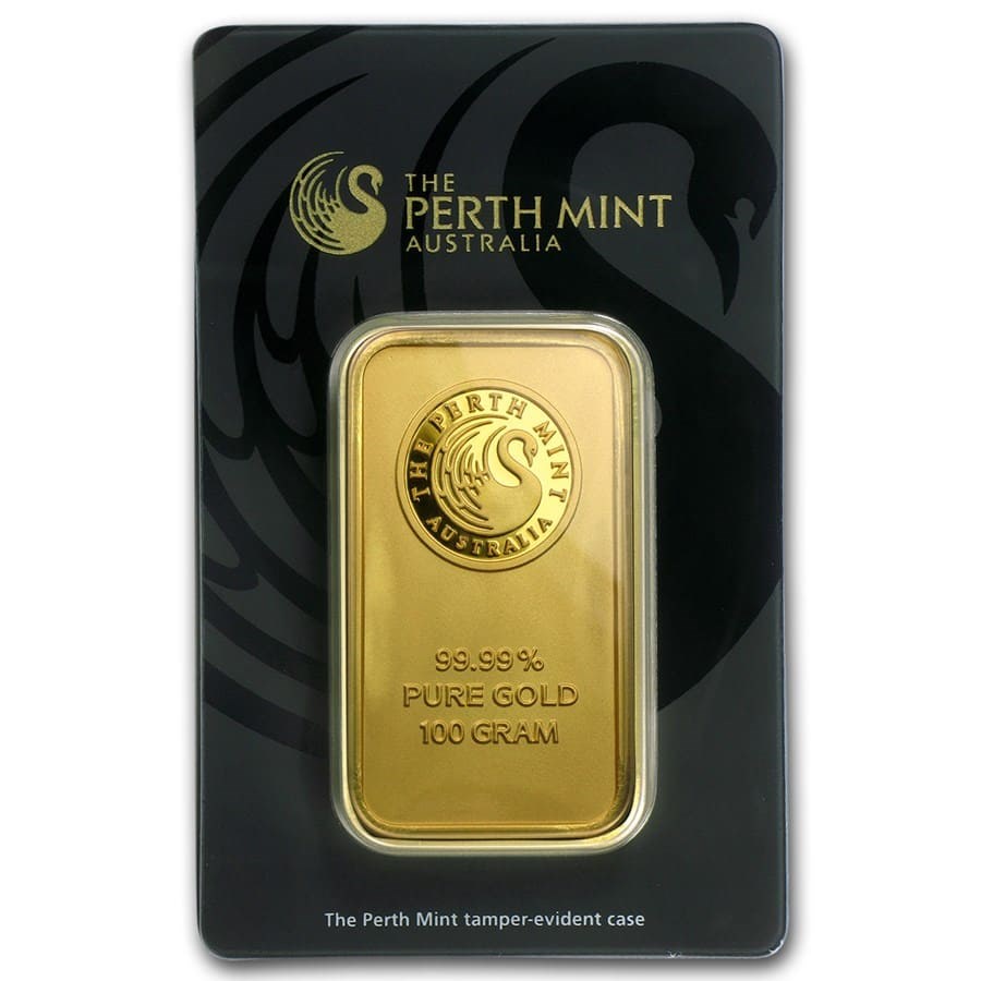 100 GRAM PERTH MINT .9999 FINE GOLD BAR IN ASSAY CARD BU