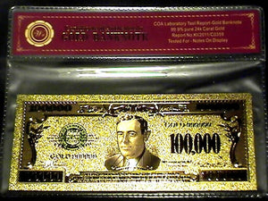 99.9% 24K GOLD $100,000 BILL US BANKNOTE IN PROTECTIVE SLEEVE W COA