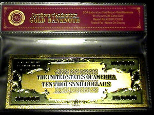 99.9% 24K GOLD $10,000 BILL US BANKNOTE IN PROTECTIVE SLEEVE W COA
