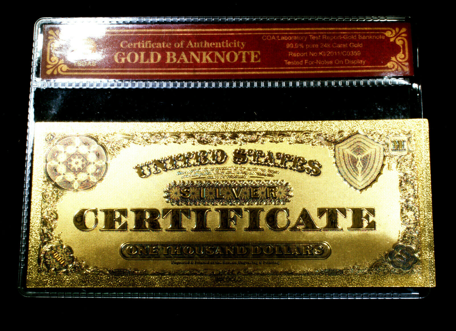 99.9% 24K GOLD 1878 $1000 US SILVER CERTIFICATE BANKNOTE PROTECTIVE SLEEVE W COA