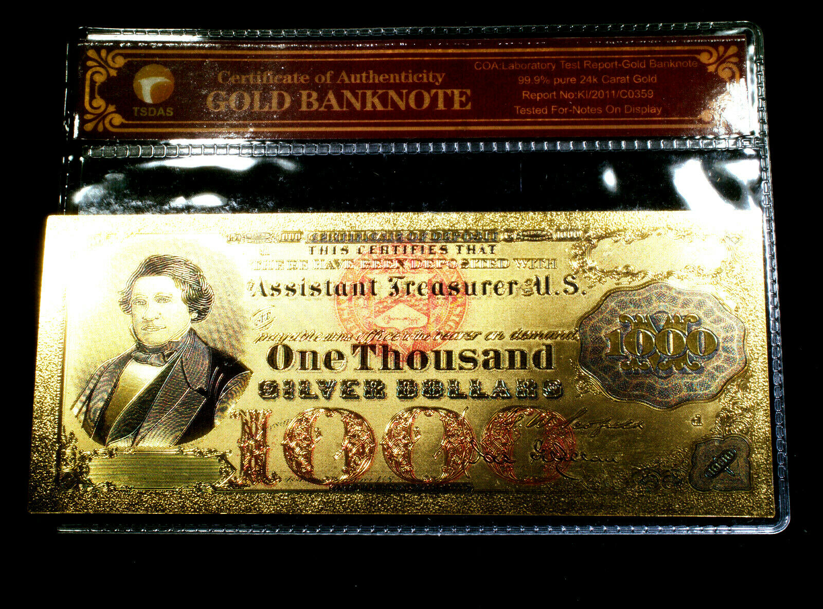 99.9% 24K GOLD 1878 $1000 US SILVER CERTIFICATE BANKNOTE PROTECTIVE SLEEVE W COA