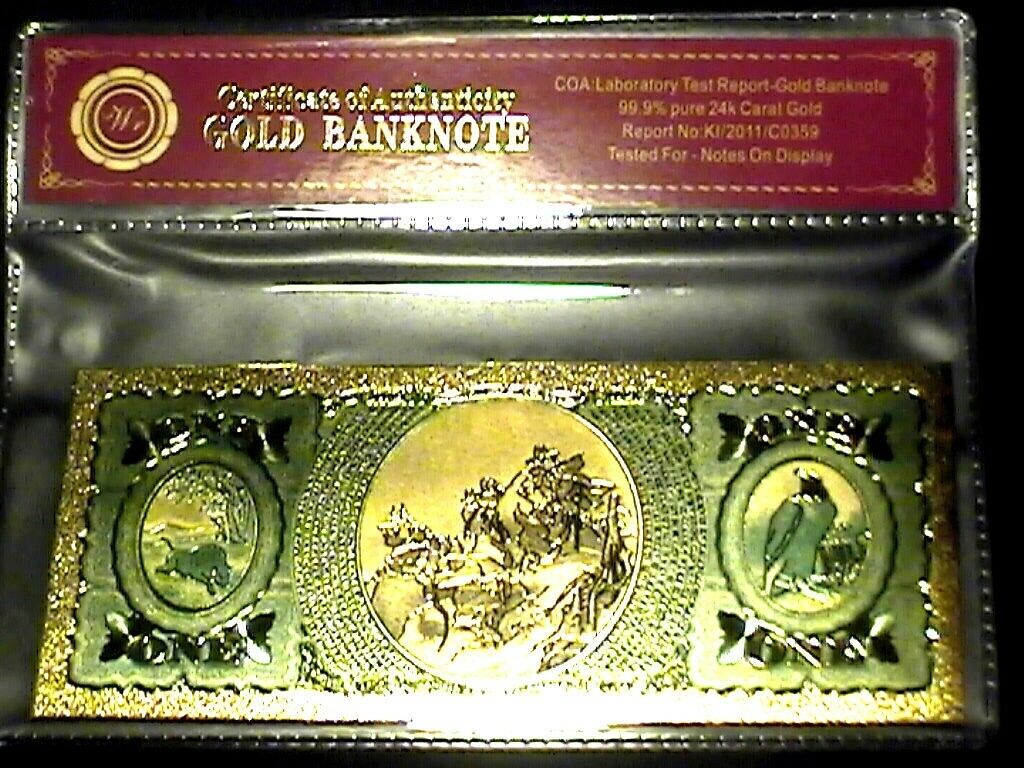 99.9% 24K GOLD 1875 $1 BILL US BANKNOTE IN PROTECTIVE SLEEVE W COA