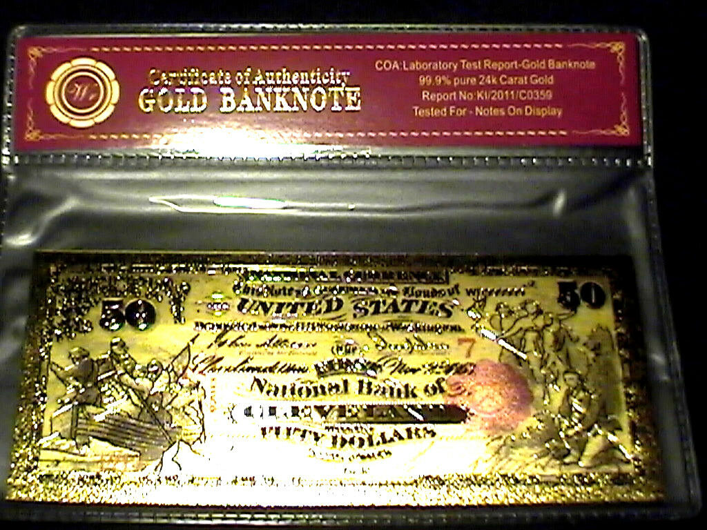 99.9% 24K GOLD 1875 $50 BILL US BANKNOTE IN PROTECTIVE SLEEVE W COA