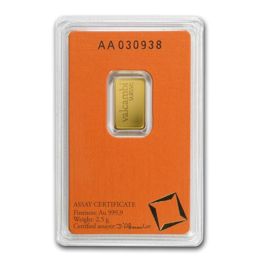 2.5 GRAM VALCAMBI SUISSE .9999 GOLD BAR NEW WITH ASSAY