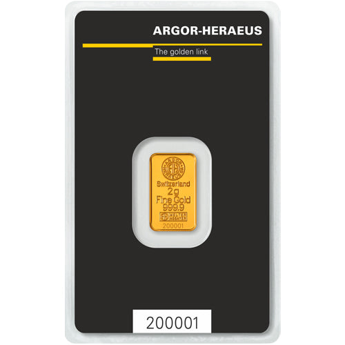 2 GRAM ARGOR HERAEUS .9999 FINE GOLD KINEBAR IN ASSAY CARD BU