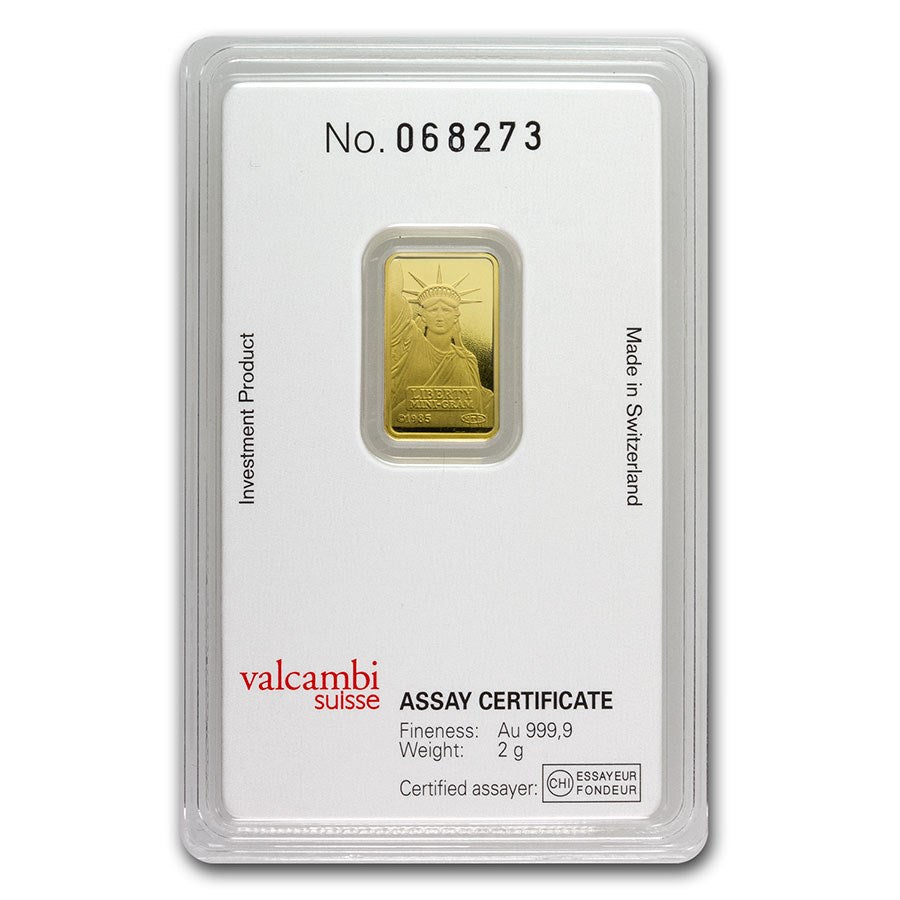 2 GRAM CREDIT SUISSE STATUE OF LIBERTY .9999 FINE GOLD BAR NEW WITH ASSAY