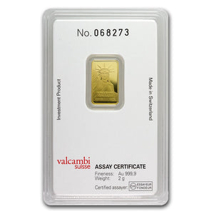 2 GRAM CREDIT SUISSE STATUE OF LIBERTY .9999 FINE GOLD BAR NEW WITH ASSAY