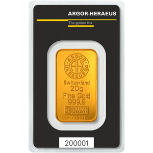 20 GRAM ARGOR HERAEUS .9999 FINE GOLD KINEBAR IN ASSAY CARD BU