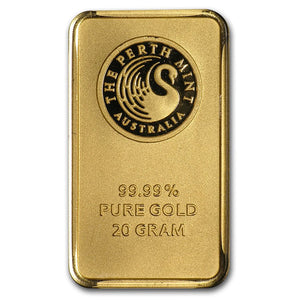 20 GRAM PERTH MINT .9999 FINE GOLD BAR IN ASSAY CARD BU