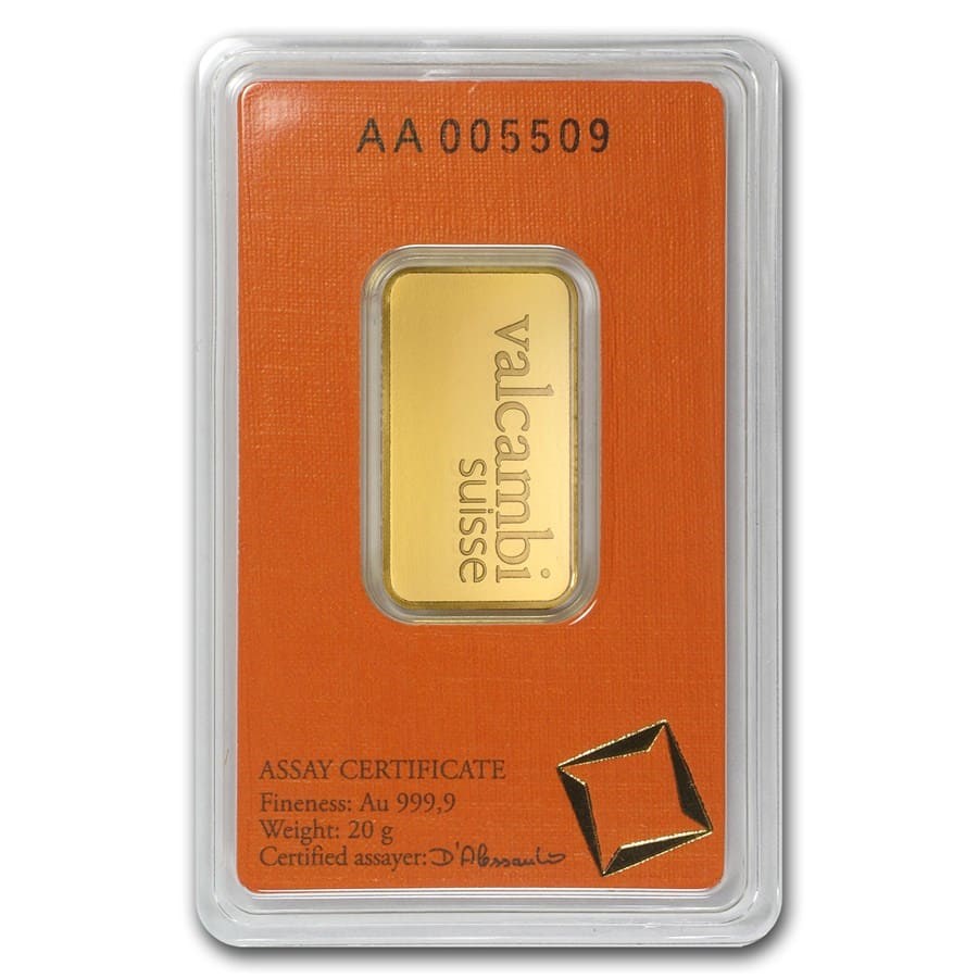 20 GRAM VALCAMBI SUISSE .9999 FINE GOLD BAR IN ASSAY