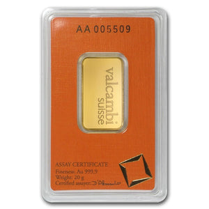 20 GRAM VALCAMBI SUISSE .9999 FINE GOLD BAR IN ASSAY