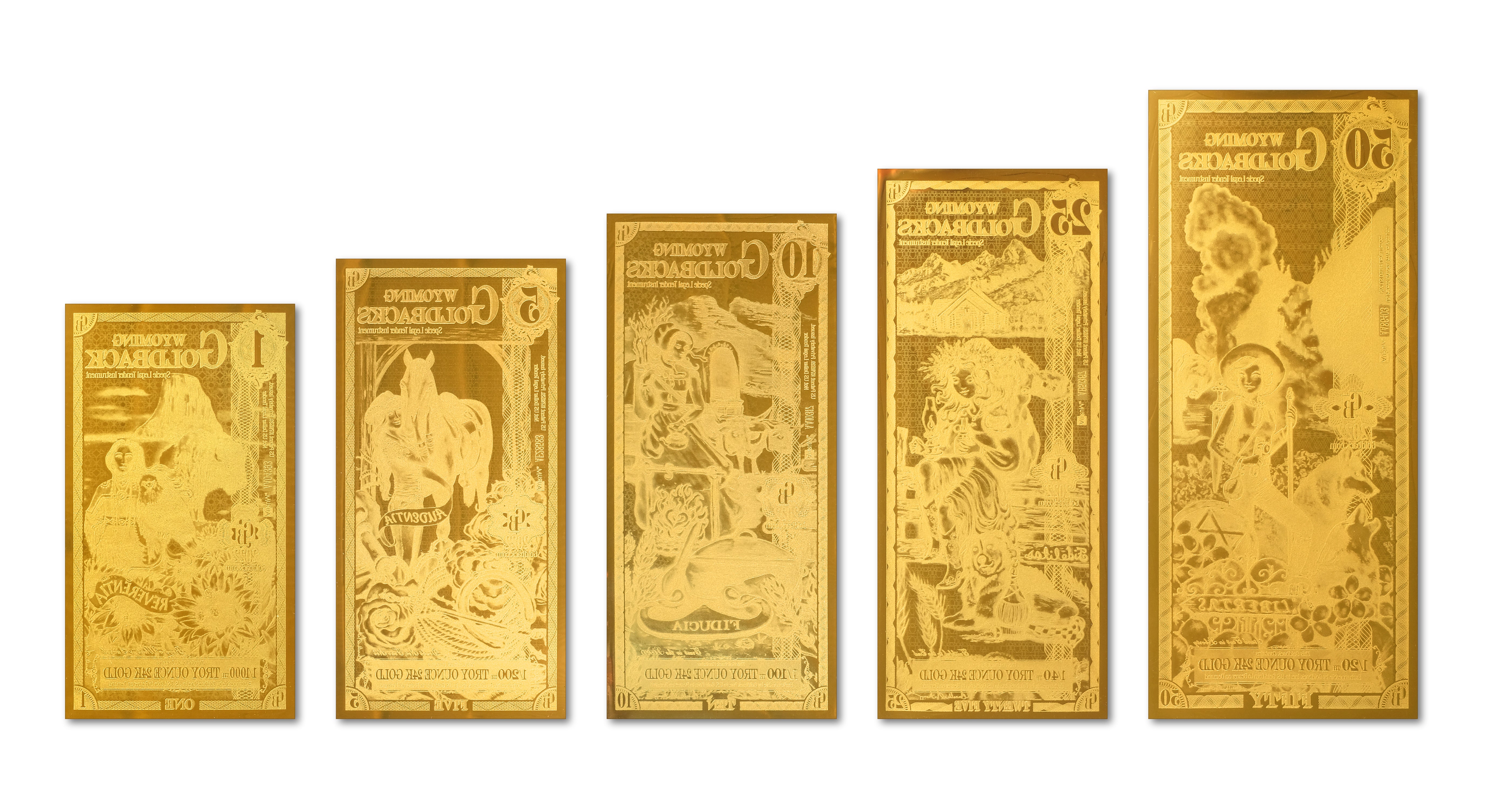 WYOMING GOLDBACK FULL SET 1,5,10,25,50 AURUM 24KT GOLD FOIL NOTE BU .999 FINE GOLD