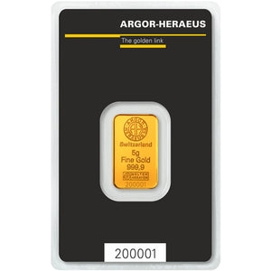 5 GRAM ARGOR HERAEUS .9999 FINE GOLD KINEBAR IN ASSAY CARD BU