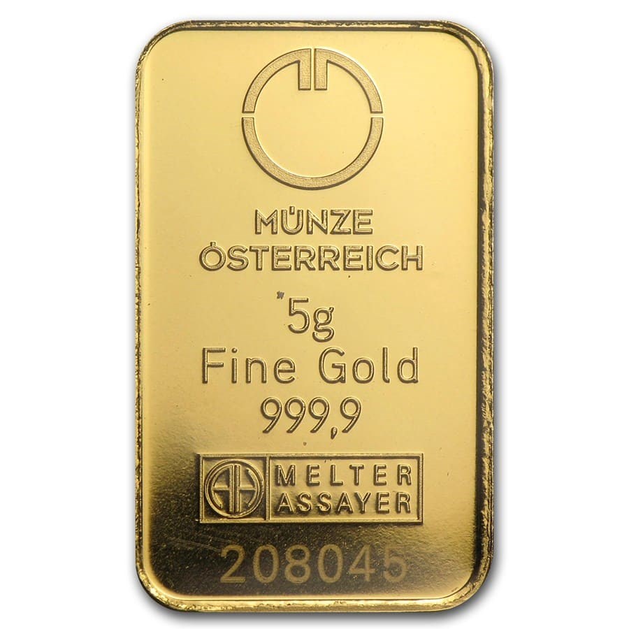 5 GRAM AUSTRIAN MINT .9999 FINE GOLD KINEBAR DESIGN IN ASSAY CARD BU