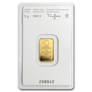 5 GRAM AUSTRIAN MINT .9999 FINE GOLD KINEBAR DESIGN IN ASSAY CARD BU