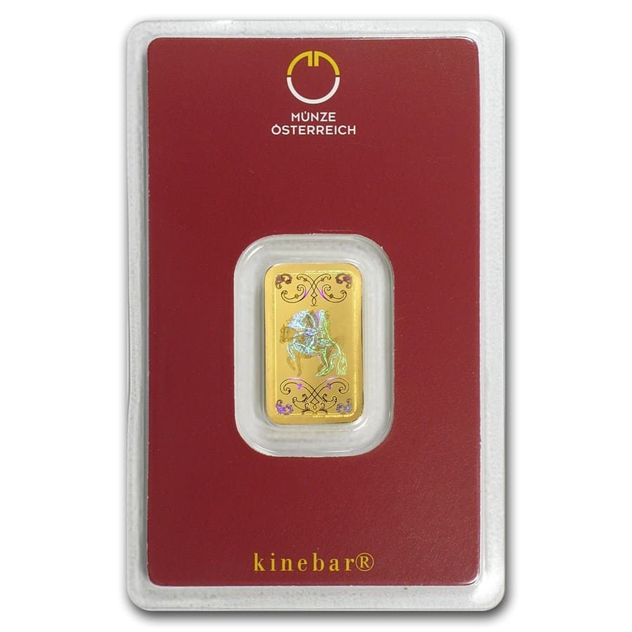 5 GRAM AUSTRIAN MINT .9999 FINE GOLD KINEBAR DESIGN IN ASSAY CARD BU