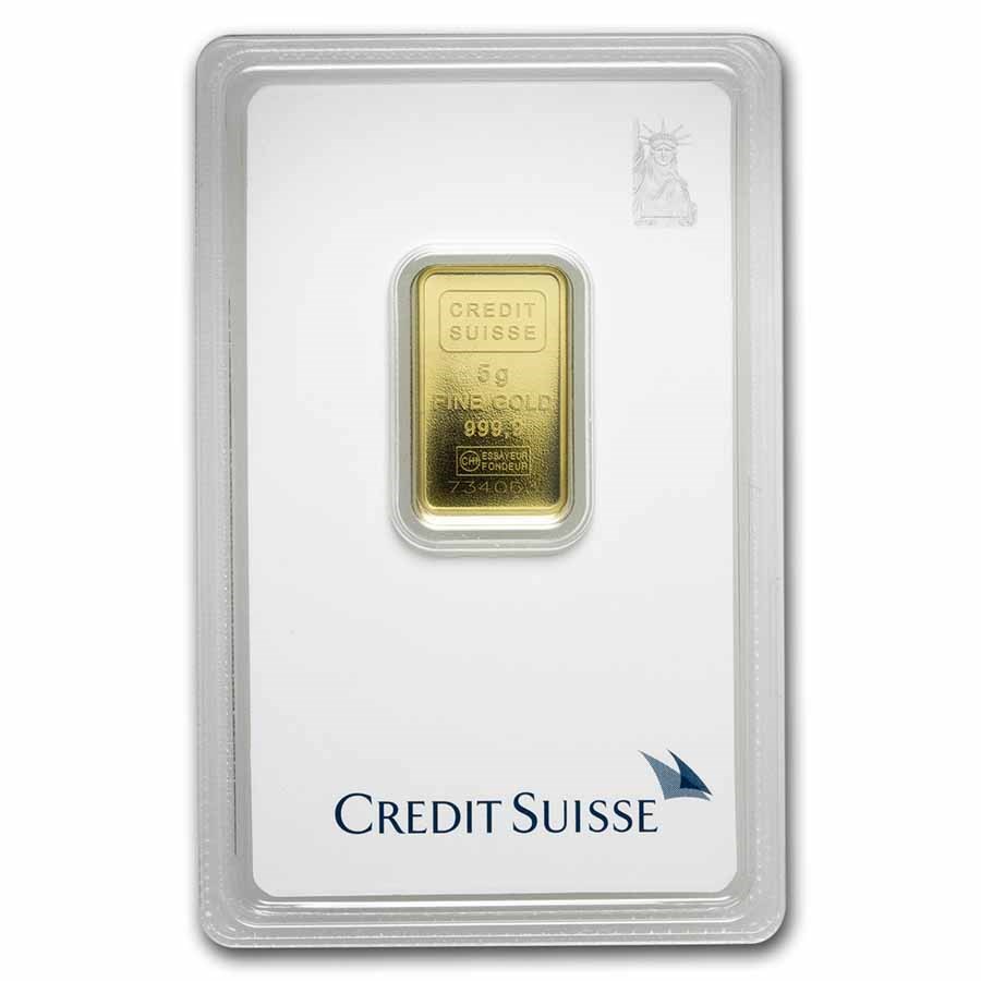 5 GRAM CREDIT SUISSE STATUE OF LIBERTY .9999 FINE GOLD BAR NEW WITH ASSAY