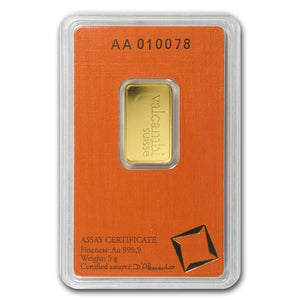 5 GRAM VALCAMBI SUISSE .9999 GOLD BAR NEW WITH ASSAY