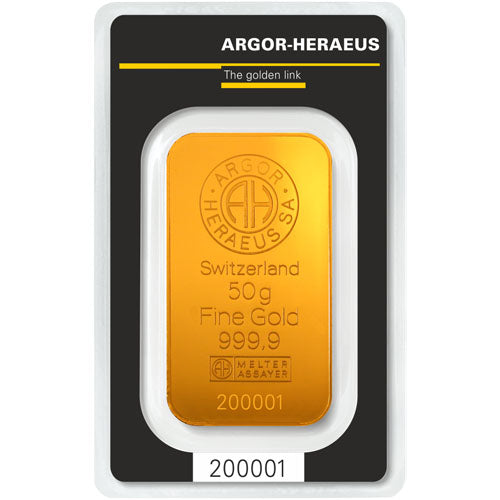 50 GRAM ARGOR HERAEUS .9999 FINE GOLD KINEBAR IN ASSAY CARD BU