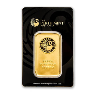 50 GRAM PERTH MINT .9999 FINE GOLD BAR IN ASSAY CARD BU