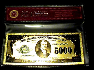 99.9% 24K GOLD $5000 BILL US BANKNOTE IN PROTECTIVE SLEEVE W COA