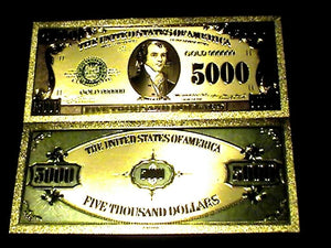 99.9% 24K GOLD $5000 BILL US BANKNOTE IN PROTECTIVE SLEEVE W COA