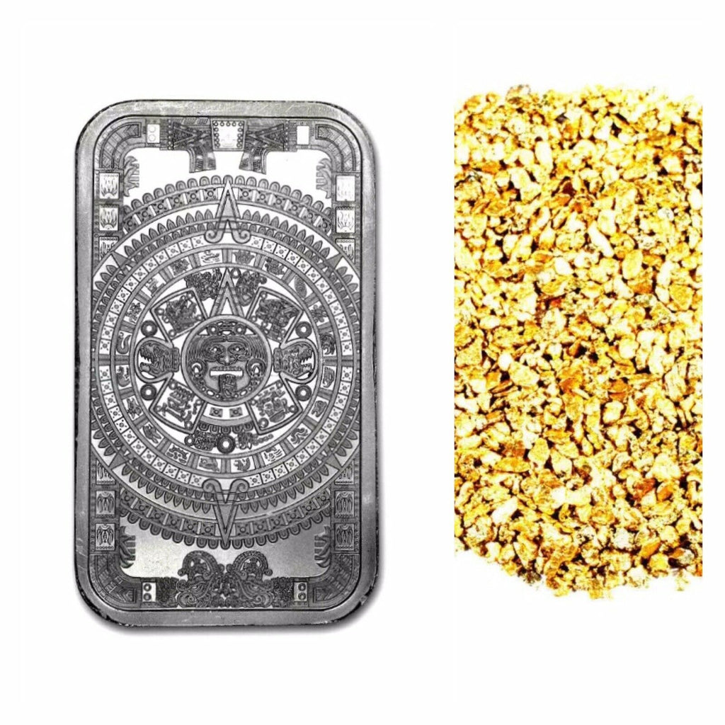 5 TROY OZ .999 SILVER AZTEC CALENDER BAR BU + 10 PIECE ALASKAN PURE GOLD NUGGETS - Liquidbullion