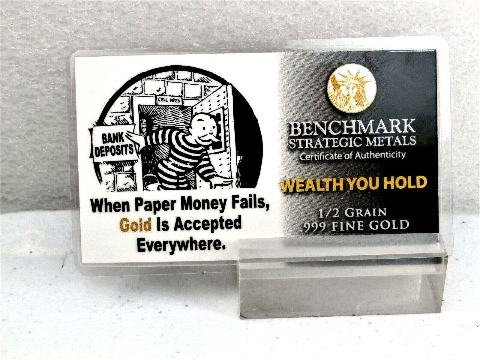 LOT 10 X 1/2 GRAIN .9999 FINE 24K GOLD BULLION BAR "BANK FAILURE"- IN COA CARD