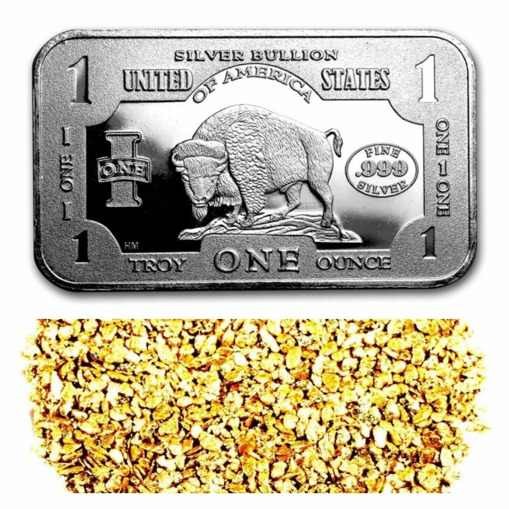 1 TROY OZ .999 SILVER 1901 $10 BISON BAR BU + 10 PIECE ALASKAN PURE GOLD NUGGETS - Liquidbullion