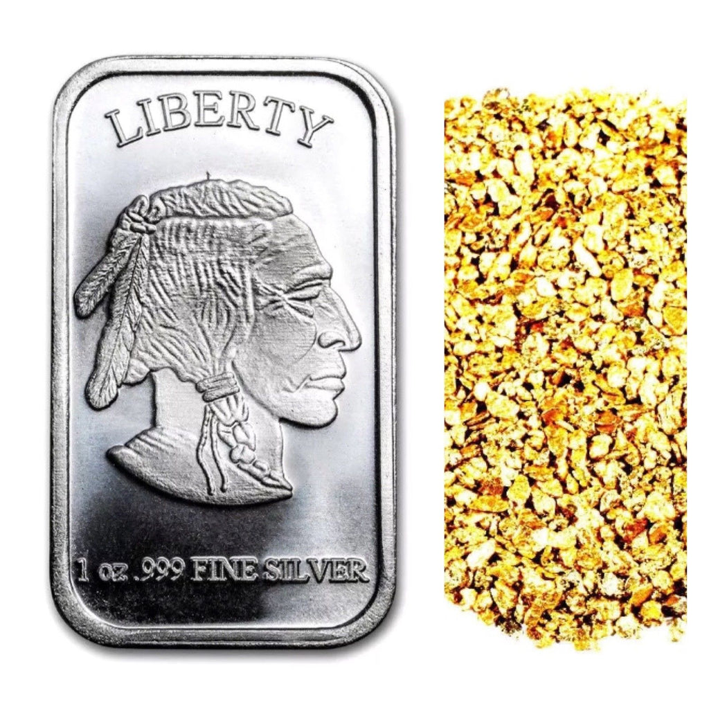 1 TROY OUNCE .999 SILVER BUFFALO BAR BU + 10 PIECE ALASKAN PURE GOLD NUGGETS - Liquidbullion