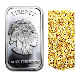 1 TROY OUNCE .999 SILVER BUFFALO BAR BU + 10 PIECE ALASKAN PURE GOLD NUGGETS - Liquidbullion